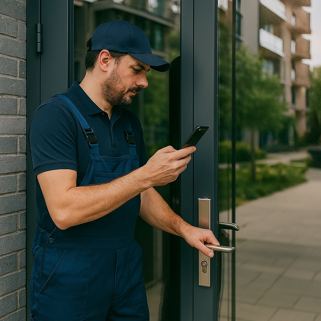 Palomies avaa ovea hätätilanteessa e-ohjaimen avulla.