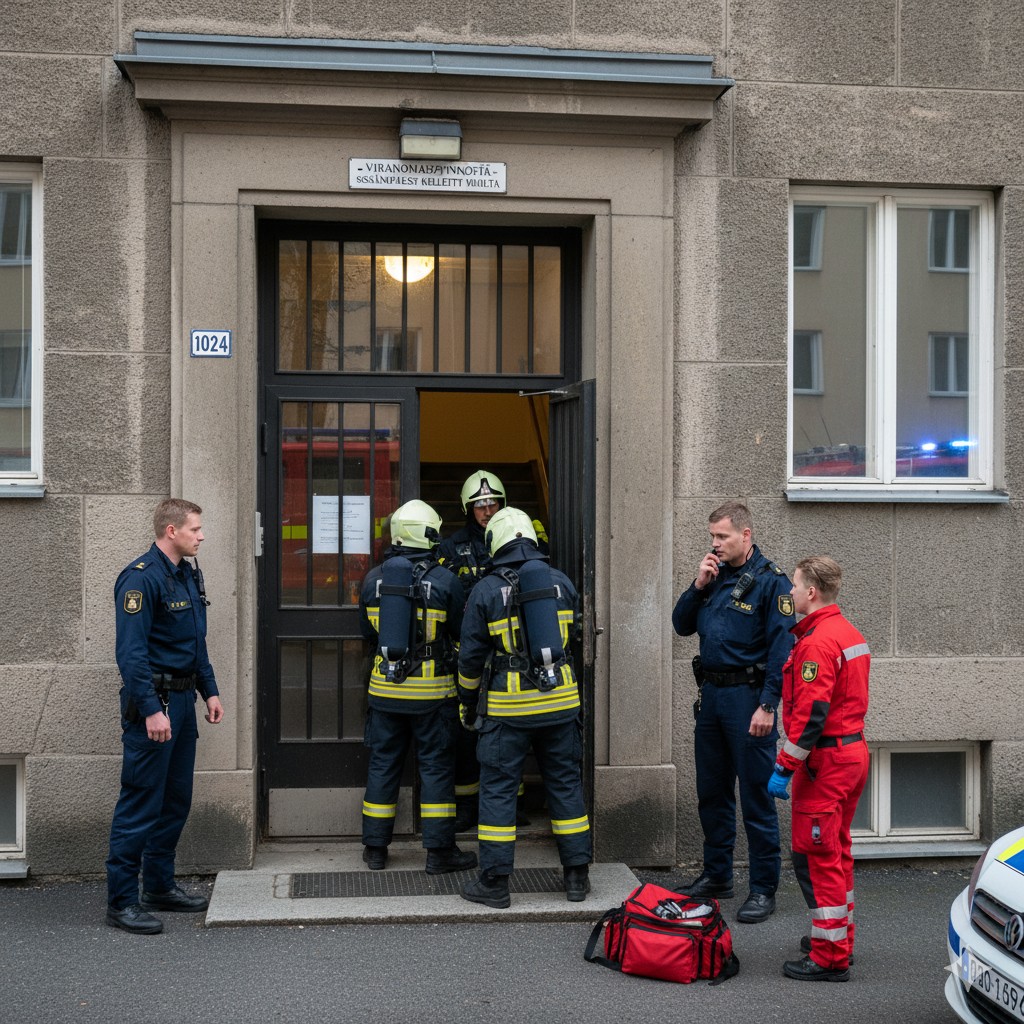 Ensihoidon henkilökunta valmistautuu avaamaan oven kerrostalossa.