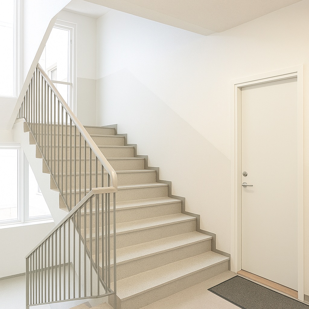 Kerrostalon siisti porraskäytävä, jossa on lukittu ovi.